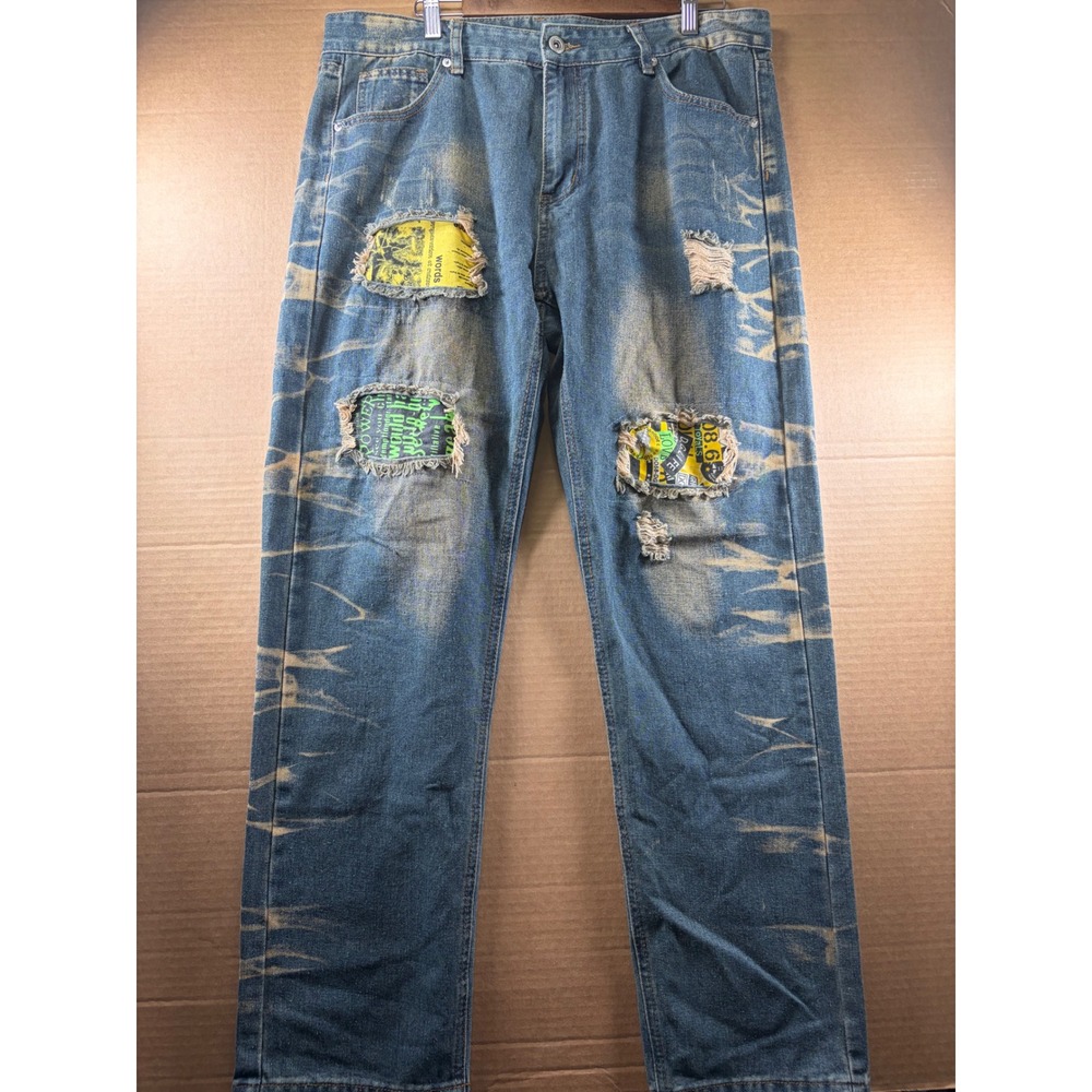 SHEIN Distressed Jeans Mens 36x30 Blue Straight Leg Patchwork Ripped Denim Pants